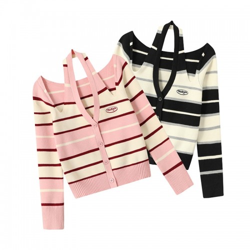 HeyHenry Halter Neck Cold Shoulder Stripe Pattern Cardigan